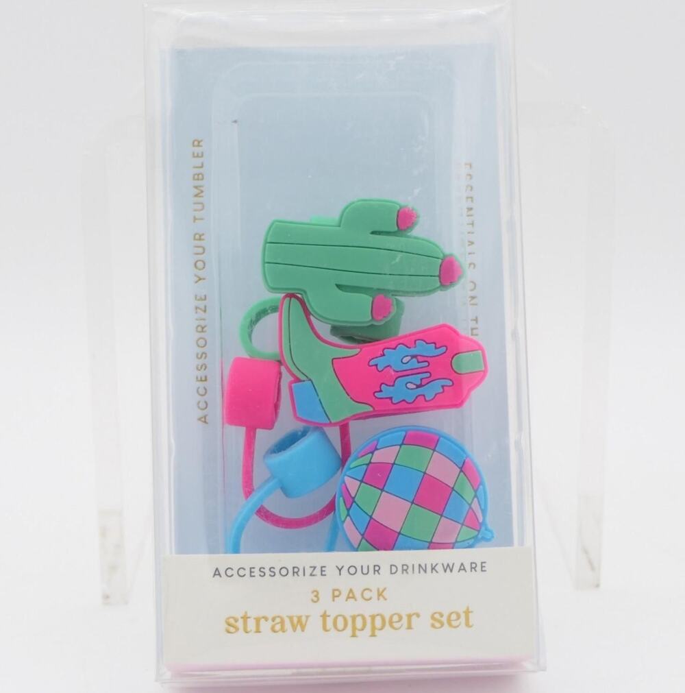 3 Pack Tumbler Straw Topper Set (Cactus Cowboy Boot Disco Ball)